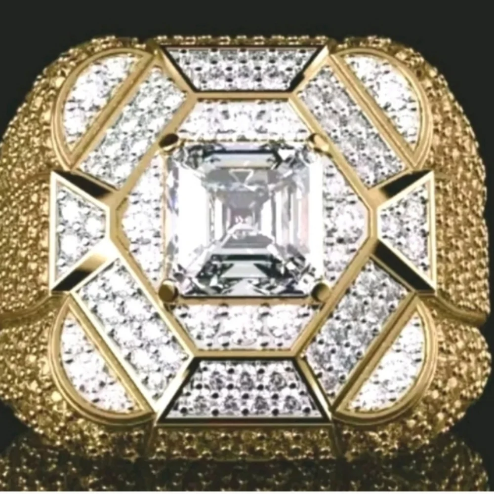 Mens Elegant Simulated Diamond 14k  Gold Plated Ring Sz 8